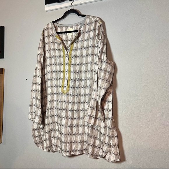 Sigrid Olsen Tunic Blouse Mini Dress Linen Size 1X Gray Tan Yellow Pattern - Picture 1 of 13